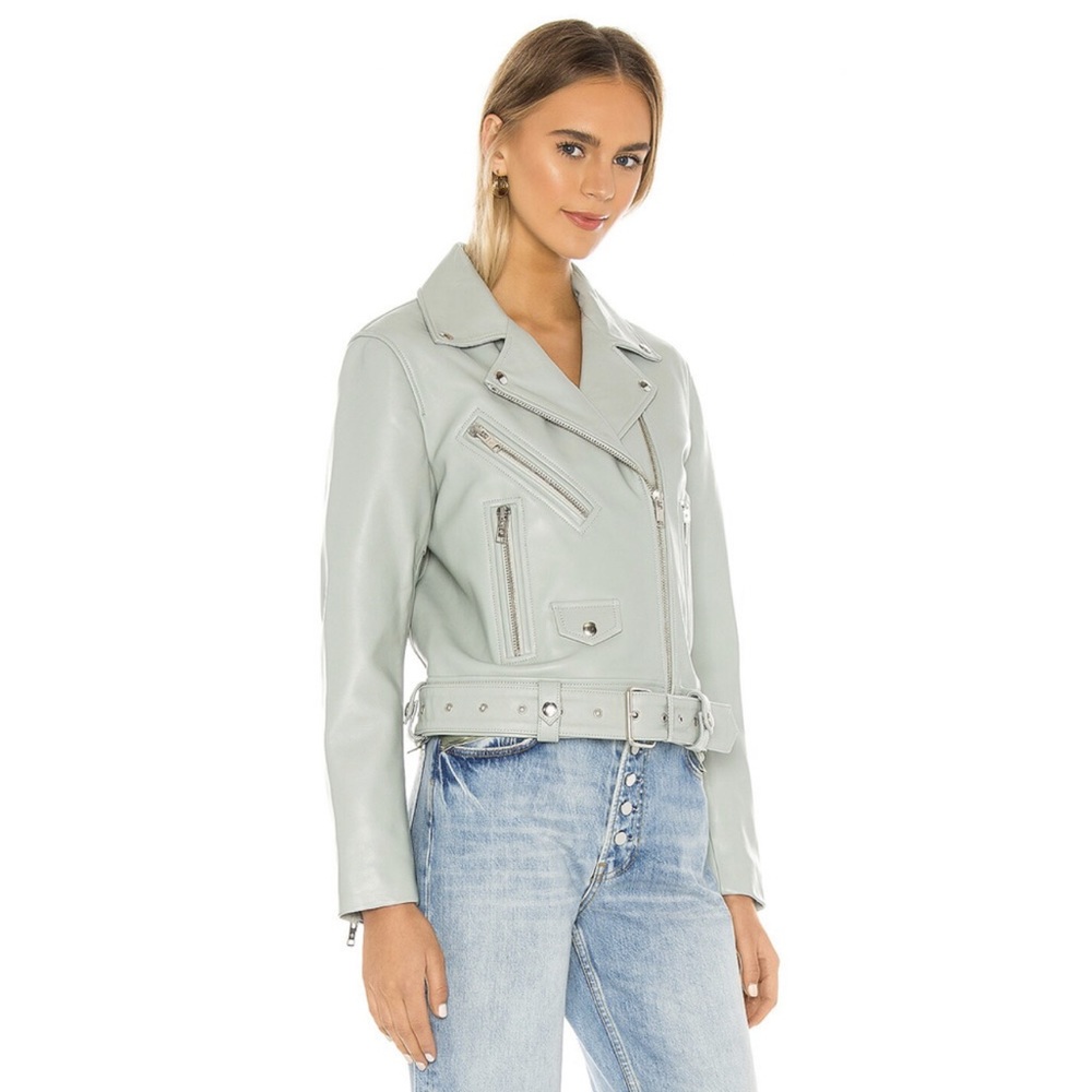 Anine Bing Benjamin Moto Leather Jacket in Dusty Mint